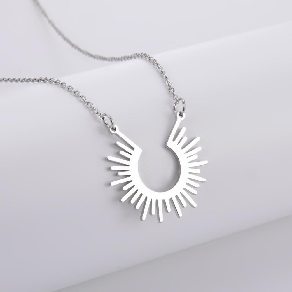 Cazador Rays of Sun Pendant Necklace for Women Half Circle Spiked Chocker Stainless Steel Jewelry Birthday Gift