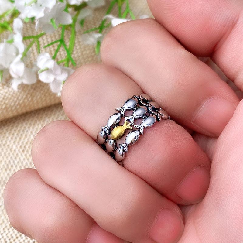 Jewelry, Creative Two-Color Plated Small Fish Ring, A Goldfish Upstream Inspirational Ring