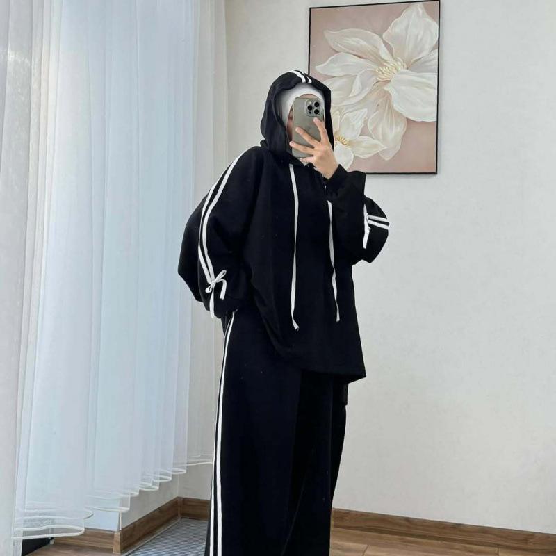 Women's Two Piece Outfit Hooded Sweatshirt Wide Leg Pants Set Casual Loose Tracksuit Muslim Modest Wear