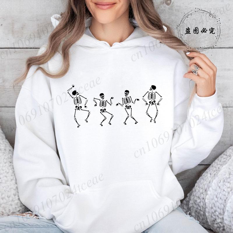 Women's Casual Hoodie Sweatshirt Aesthetic Dancing Skeleton Print Sportwear Skeleton Halloween Hoodie Long Sleeve Hoody Shirts