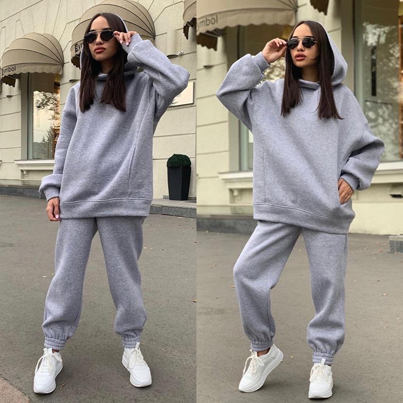 Women's Autumn/Winter Fashion Solid Color Hooded Sweatshirt Casual Two-Piece Set