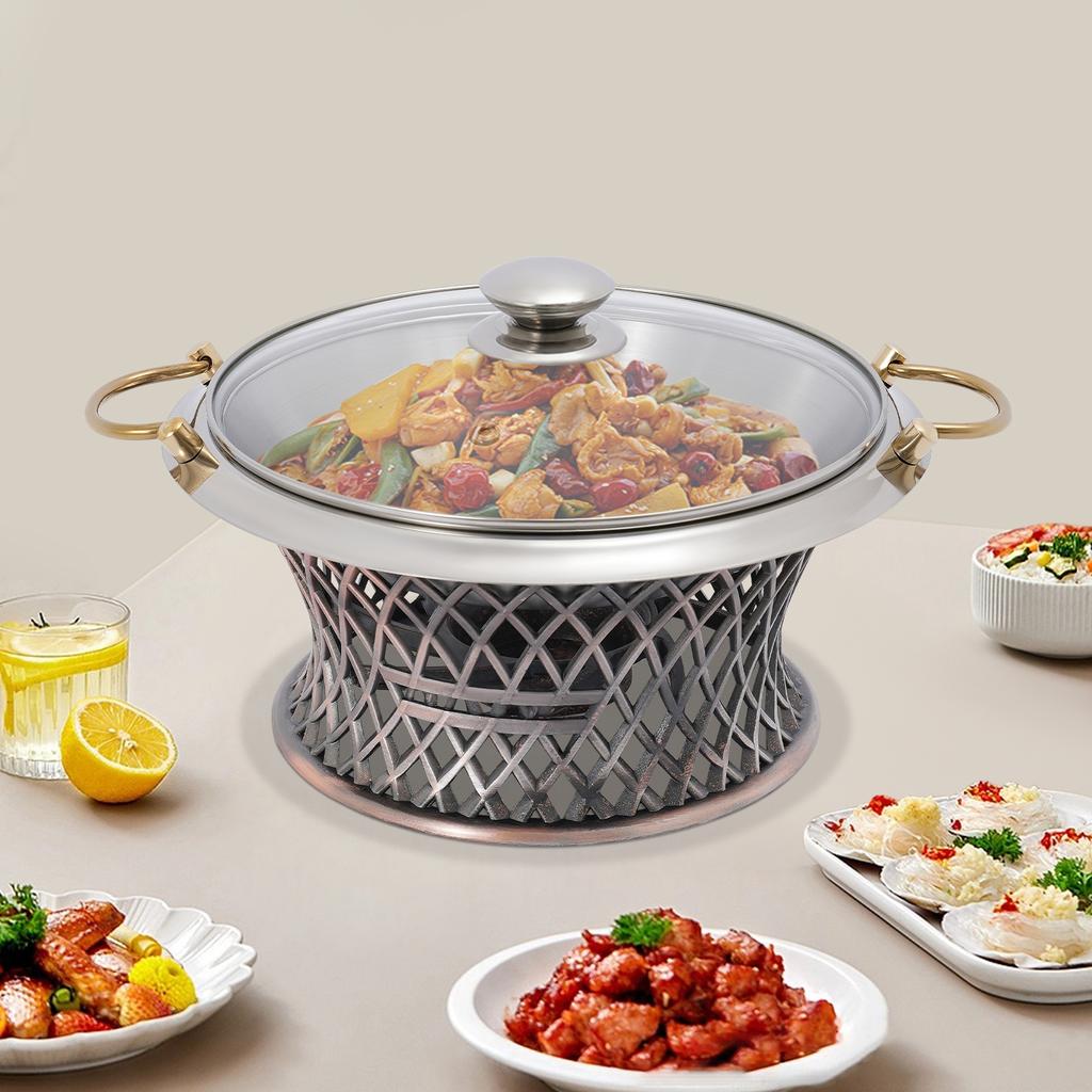 Elegant Bronze Buffet Chafing Dish W/ Lid, Round Alcohol Burner Warmer, 24cm Tabletop Food Pan, Perfect for Catering & Home Use