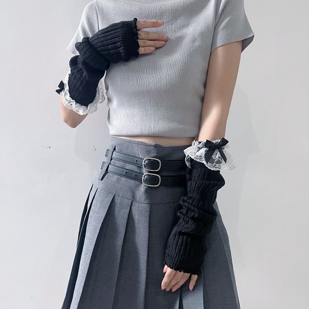 Lace Bow Knitted Gloves Solid Color Fingerless Gloves Kawaii Arm Warmers  Girls