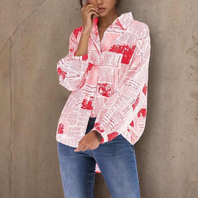 Fashionable and Casual Temperament Long Sleeve Newspaper Letter Printed Shirt Women's Designed Niche Women's Clothing