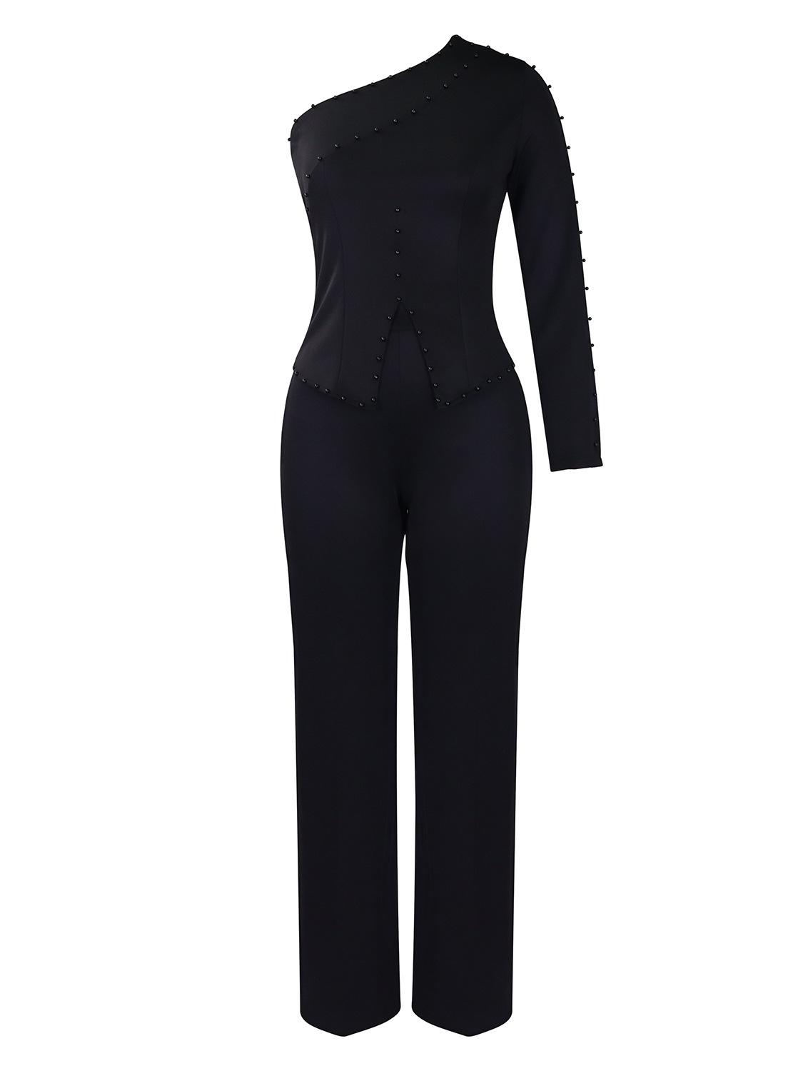

Women s spring new slanted shoulder beads OL Tongle two-piece set large size set S чёрный