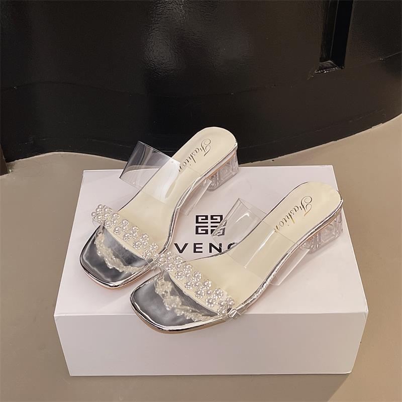 Beautiful High-heeled One-word Slippers for Women's Summer Wear, New Fashionable Transparent Thick-heeled Cool Slippers for Women