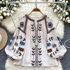 Women's Three Quarter Sleeve Round Neck Loose Embroidered Cotton Linen Pullover Shirt Casual Top