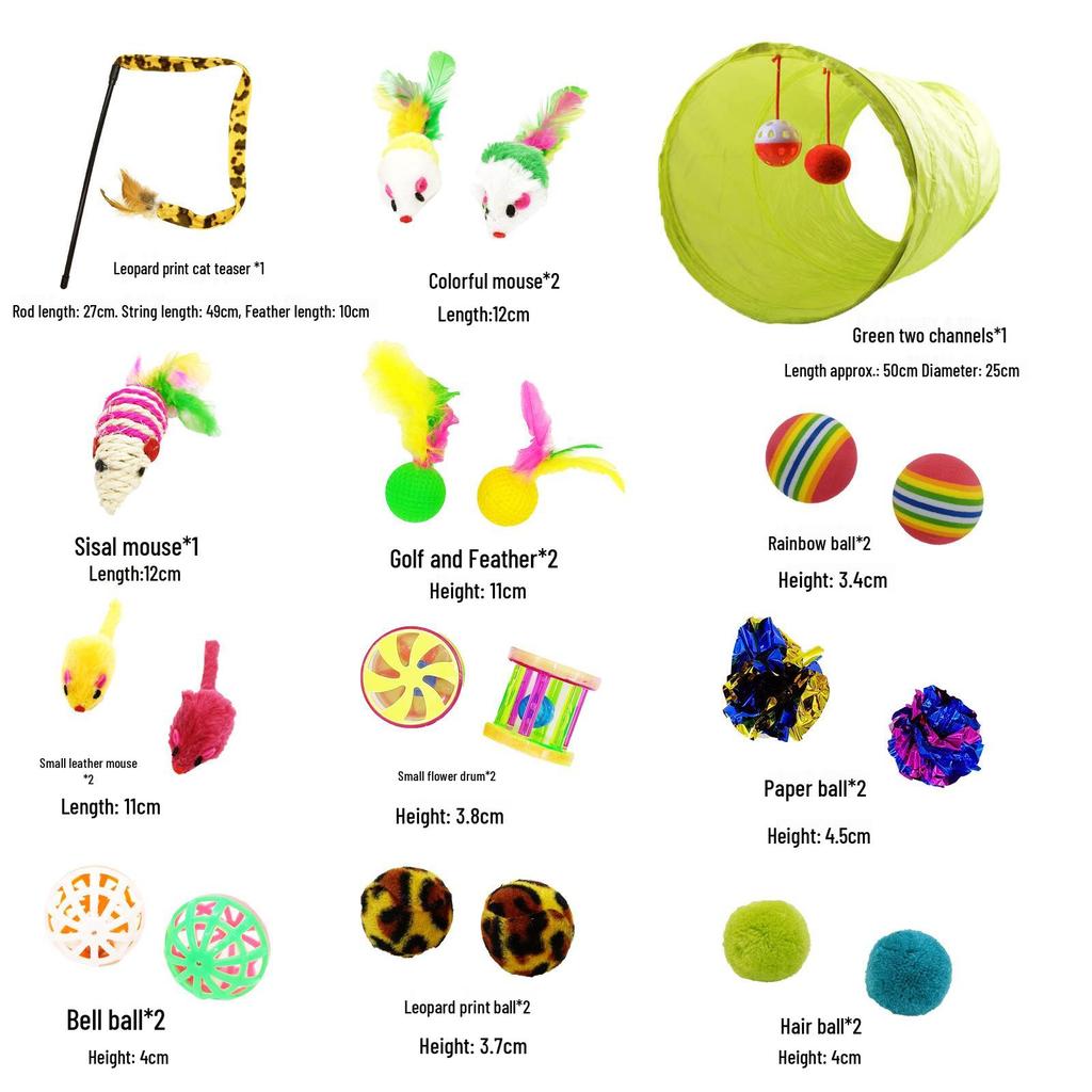 Pet Toy Set: 21-Piece Cat Tunnel, Sisal Mouse, Rainbow Ball, Crinkle Paper, Cat Teaser Stick Combo