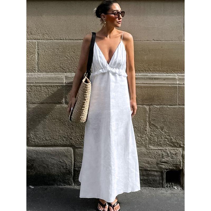 

European and American Ladies Dress V Neck Ruffled Spaghetti Straps Long Dress 2025 Summer Casual Dress Vacation Dress White L