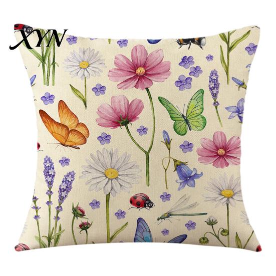 Soft Fabric Cushion Case Floral Cover, 18x18 Inch Decorative Throw Pillow Cover with Hidden Zipper, Elegant Color Plant Insect Flower Patterns,