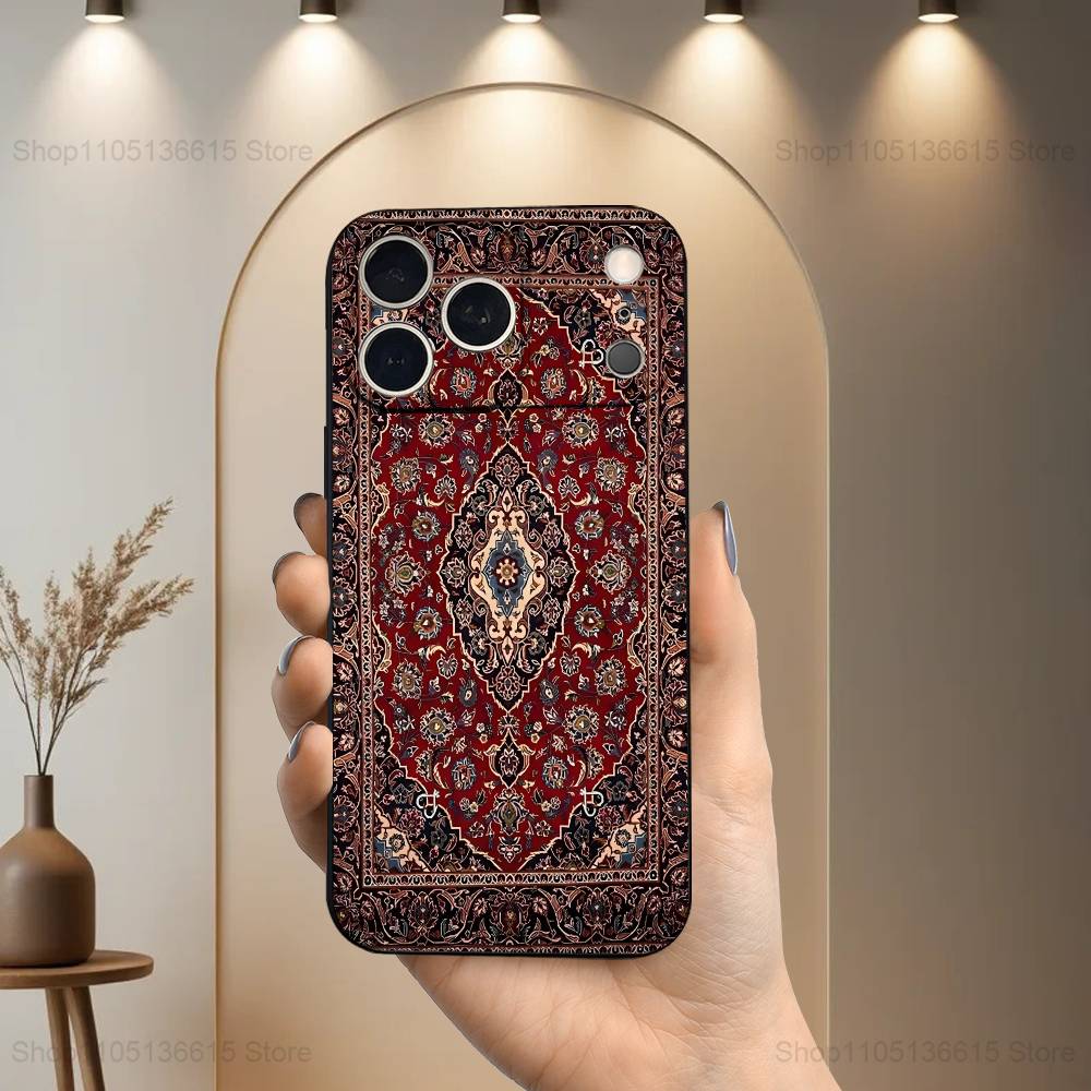 Persian Carpet Floral Pattern Case For iPhone 15,17,16,12,14,13,11,Plus,Pro Max,XS,X,Mini,8,7,XR,SE,Soft Silicone Black