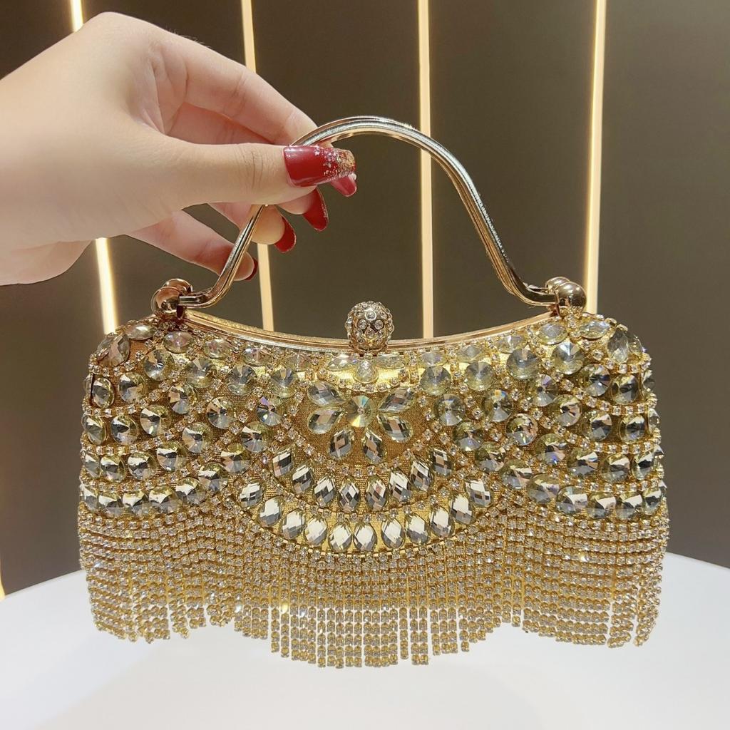 Rhinestone Tassel Evening Clutch with Metal Handle, Sparkly Party Handbag for Women