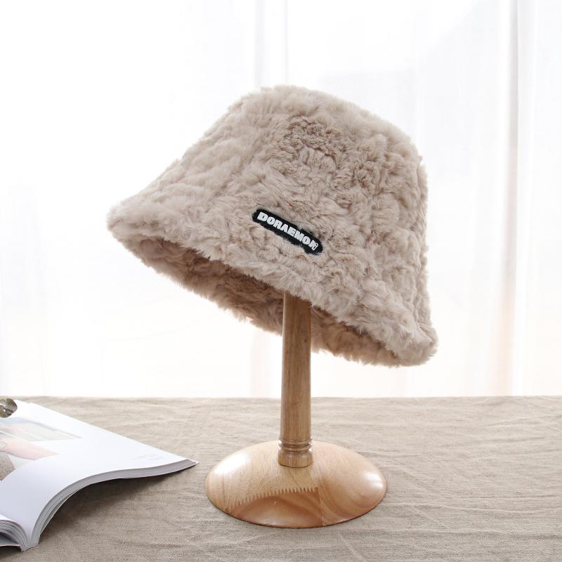 

Autumn and Winter Plush Hat Women s Lamb Velvet Letter Fisherman Hat Showing Face Small Korean All Match Thickened Warm Bucket Hat One size