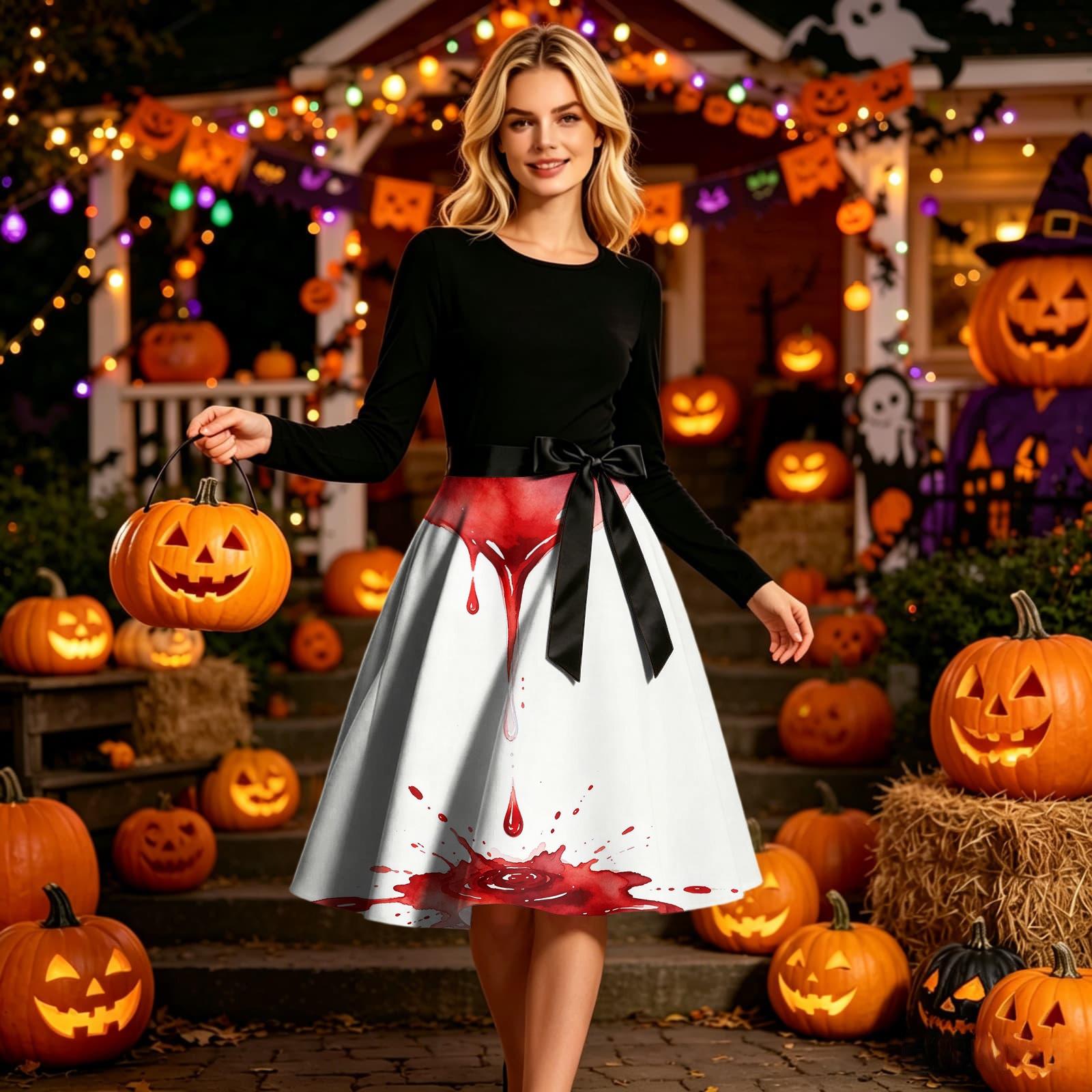 Women s Crew Neck Long Sleeve Dress Halloween Costumes Bat Print Skirt A-Line Midi Dress for Party Halloween Costumes Style Outfit Halloween Costumes L бежевый