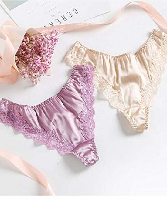 SilRiver Luxury Silk Satin Sexy Lace Panties XL Equivalent To Japanese Size Women's Lingerie, Panties, T-Back (Light Purple, - 2XL)