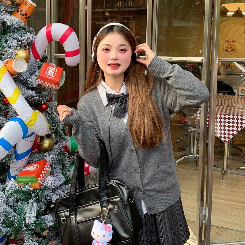 

Achai s Plus Size JK Gray Sweaters Cardigan Women s Autumn Winter Shirt Warm and Slimming Preppy Style Suit Skirt Dark Gray Sweater Cardigan 2XL