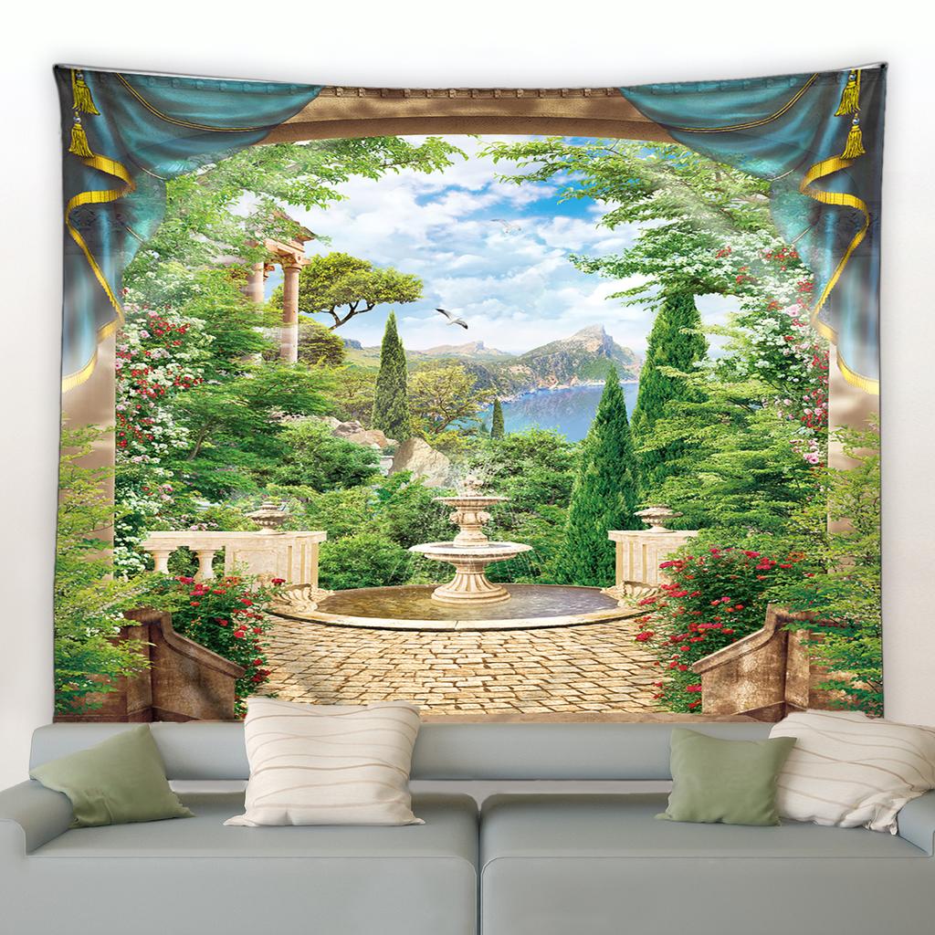 Schloss Boho Druck Schlafzimmer Raumdekoration Decke Bogenförmiges Steintor Turm Großer Wandteppich Wandbehang