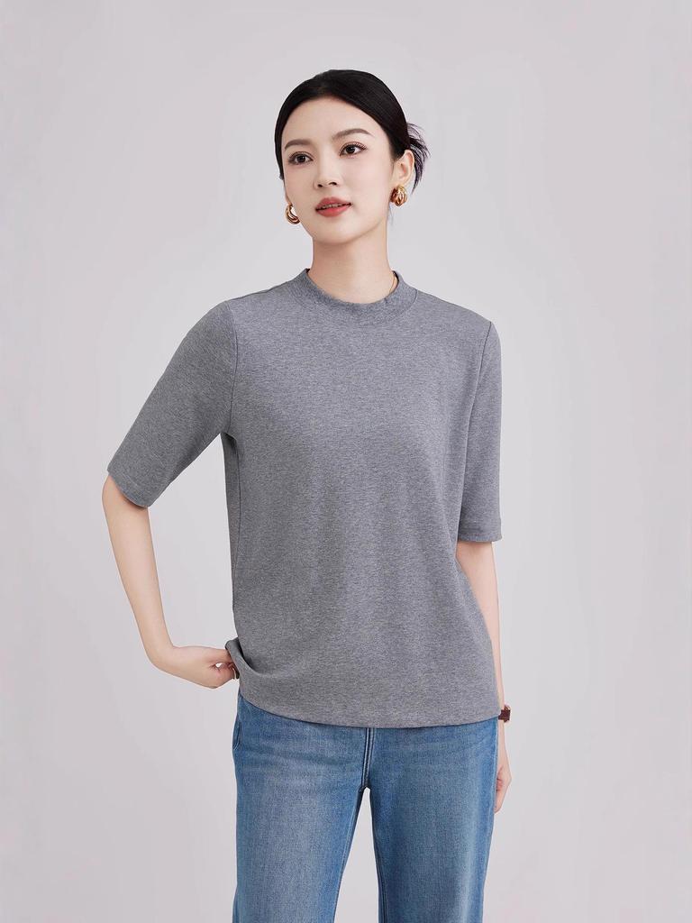 High-End Women's Ribbed Crew Neck Mid-Sleeve T-Shirt