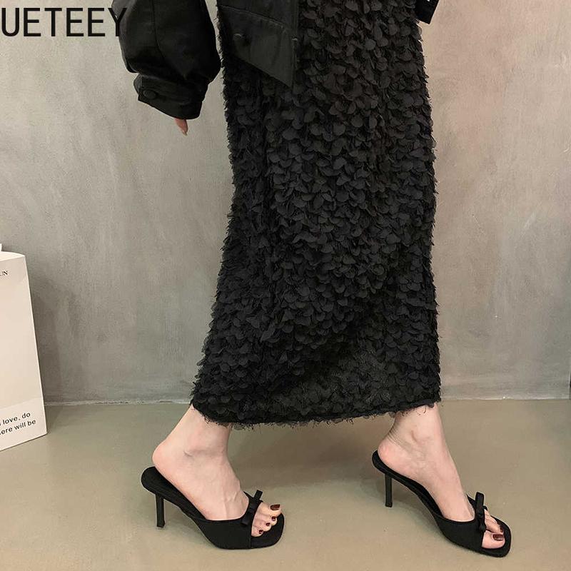 Designer Stil Partykleid Damen Hausschuhe Schuhe Mode Schmetterlingsknoten Sommer Zehenfrei Hoher Absatz Damen Pantoletten
