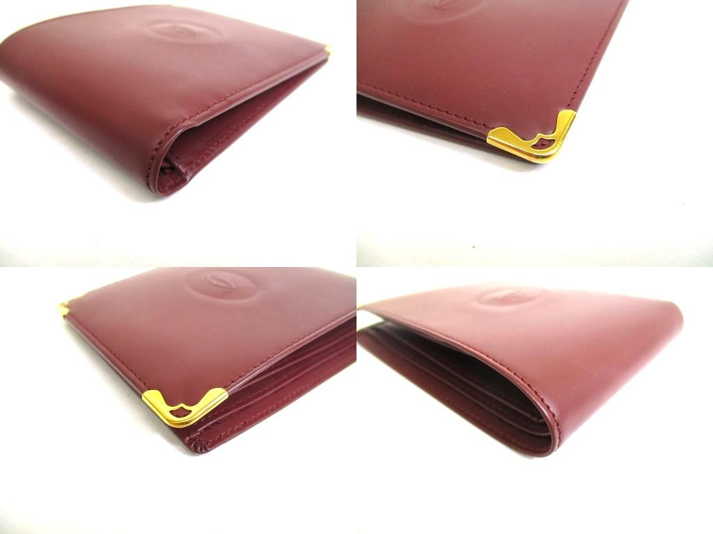 Authentieke Cartier Must de Cartier Bordeaux Leder Dubbelgevouwen Portemonnee #b079 Open doos