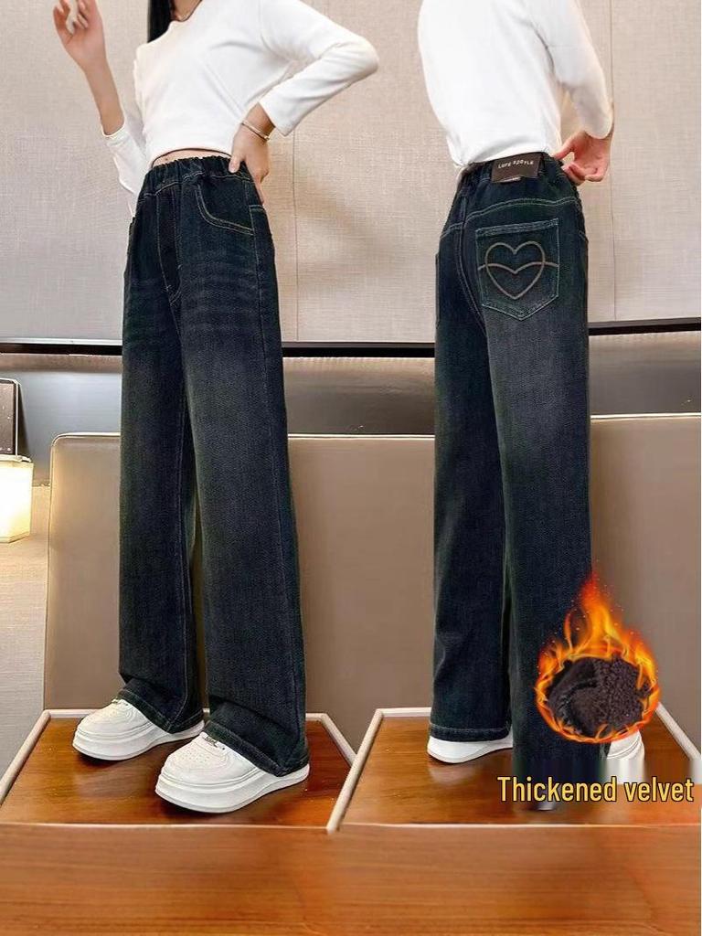 Girls' Fleece-Lined Wide-Leg Winter Jeans: 2025 New Style, Thickened & Warm for Middle To Big Kids