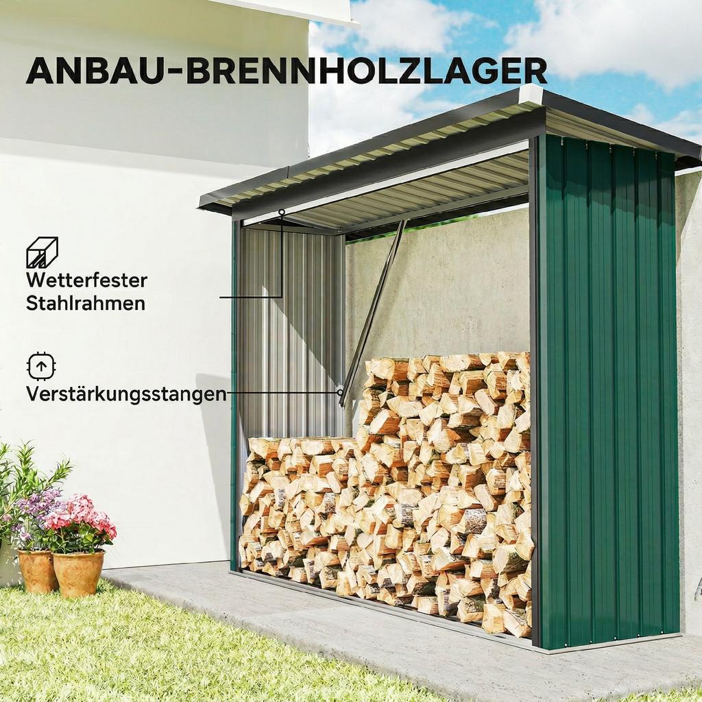 Firewood Shed, Firewood Shelter, Steel, Raised Floor, Sloped Roof, 213 X 66.5 X 150 Cm, Green