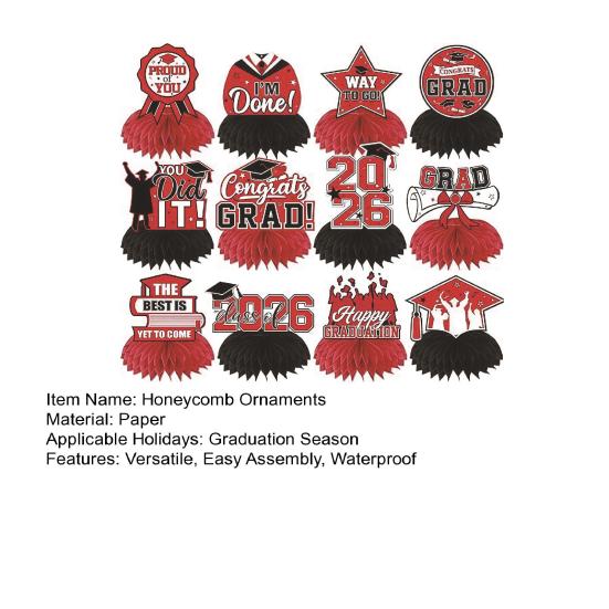 12Pcs 2026 Graduation Honeycomb Decor 3D Honeycomb Centerpieces for Commencement Party Red & Black Theme Bachelor Cap Party Decor for Table Decor