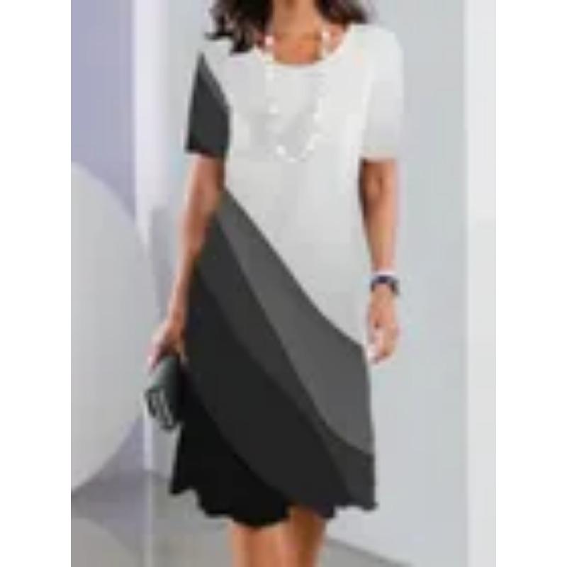 Women's Black and White Retro Geometric Circular Printed A-line Dress - Short Sleeved Round Neck Casual Mini Skirt
