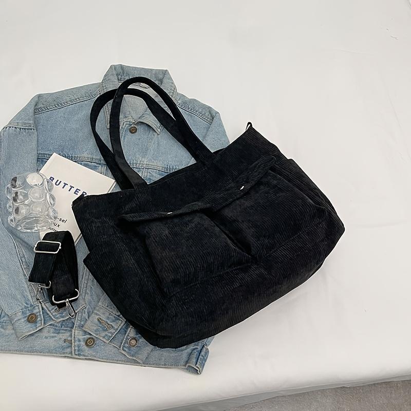Large Capacity Corduroy Tote Bag for Women Versatile Shoulder Bag with Multiple Pockets Commuter Bag чёрный