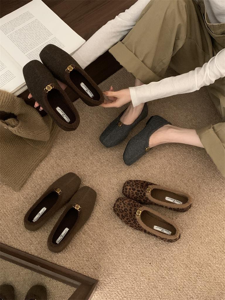 Retro leopard print small fragrant wind velvet warm cotton shoes women's 2025 autumn and winter new single shoes flat bottom one pedal loafers