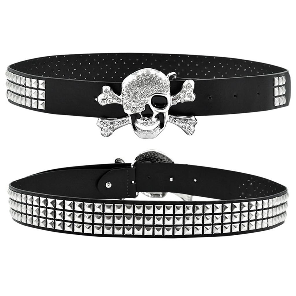 Studded Belt Skull Bone Skeleton Buckle Bling Bling Glitter Belt Hip Hop 110cm Black [Lamerry] Men's Women's