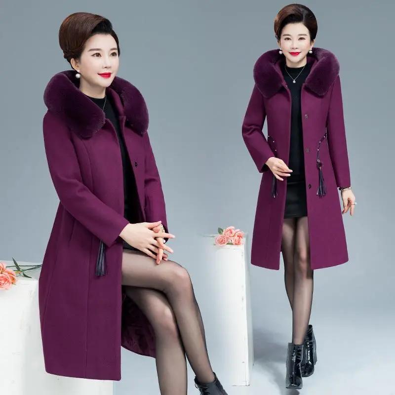 

Зимнее пальто для женщин среднего возраста с капюшоном и шерстяным воротником из искусственного меха, кашемировое пальто средней длины XXXL фиолетовый
