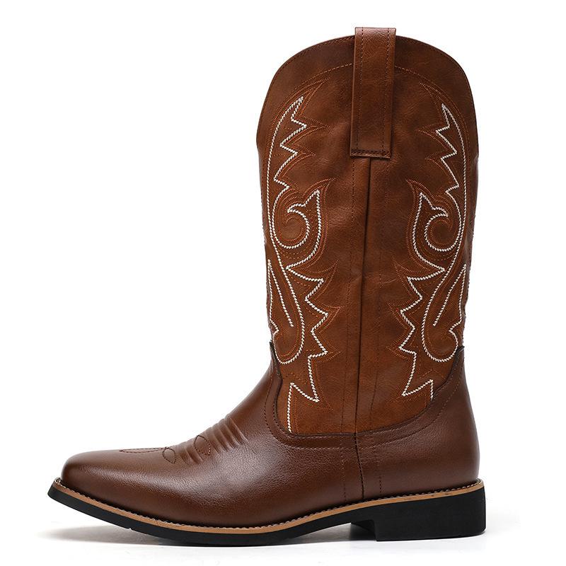 Men's Size 48 Leather High-Top Boots - Retro Cowboy Style for Spring, Autumn, and Winter