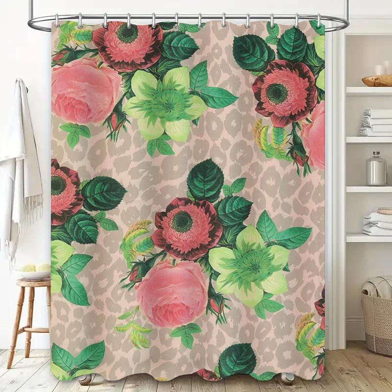 Bathroom shower curtain with floral pattern, pink rose design, leopard print background home decor accessories for bathroom
