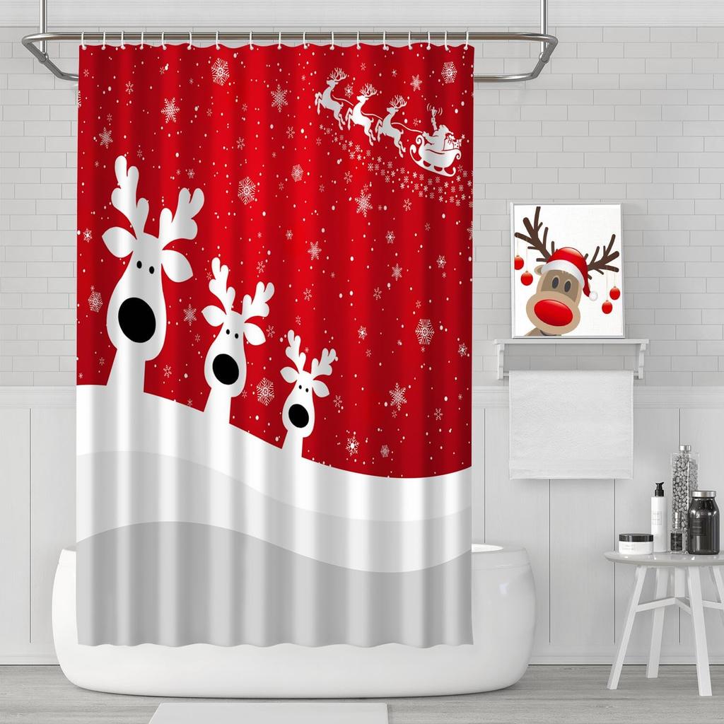 Funny Reindeer Red Christmas Shower Curtain With 12 Hooks Holiday Xmas Christmas Shower Curtains For Bathroom Christmas Decor,