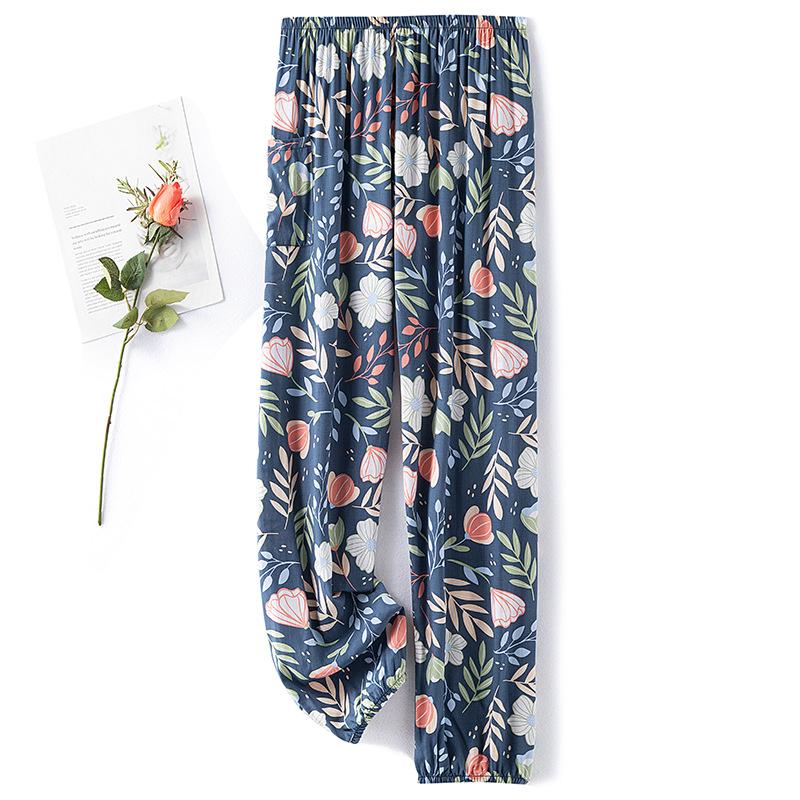 

Пижамные брюки из хлопкового шелка, женские летние тонкие антимоскитные широкие брюки, однотонные, для отдыха на открытом воздухе, для дома, с принтом, пляжные брюки Nine-minute One Size