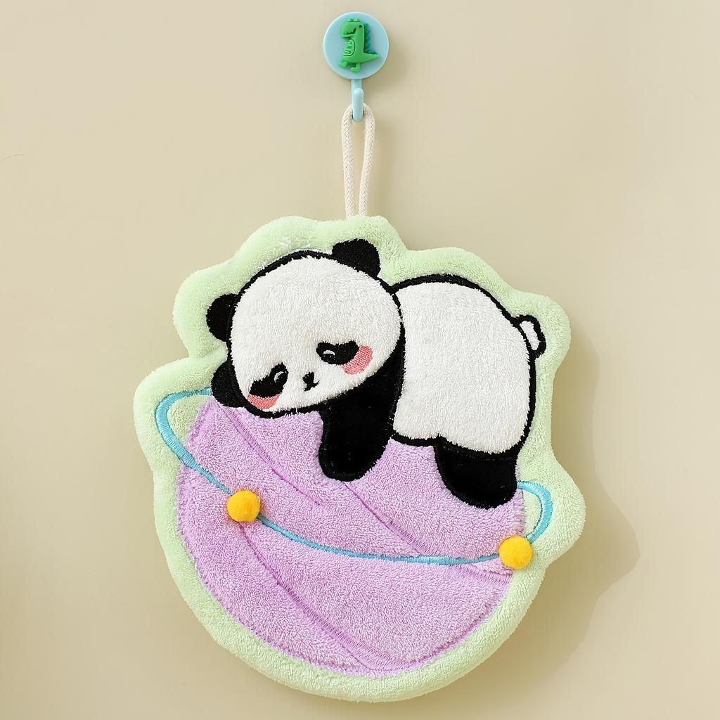 A Highly Absorbent, Encrypted Coral Fleece Hand Towel with a Cute Panda Design, Wall Mounted for Children'S Bathroom And Kitchen Use.