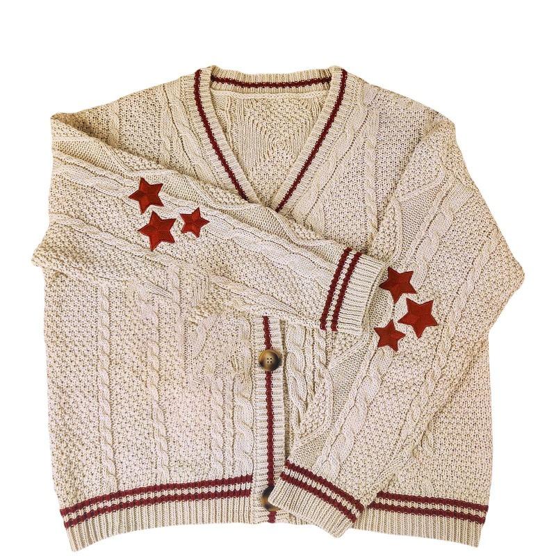 Star Patterned Women's V-neck Sweater Jacket Solid Color Long Sleeved Single Breasted Warm Jackets Autumn and Winter Woman Casual Cardigan