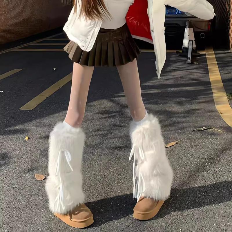 White Faux Fur Leg Warmers Boot Covers Y2K Goth Solid Leg Socks Punk Knee-Length Warm Sock