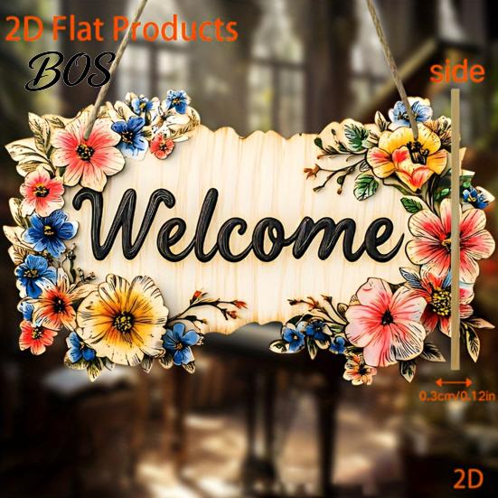 High-quality Wood Sign Floral Wooden Welcome Sign, Front Door Ornaments, Flower Hanging Colorful for Summer Farmhouse Home Coffee Shop Window