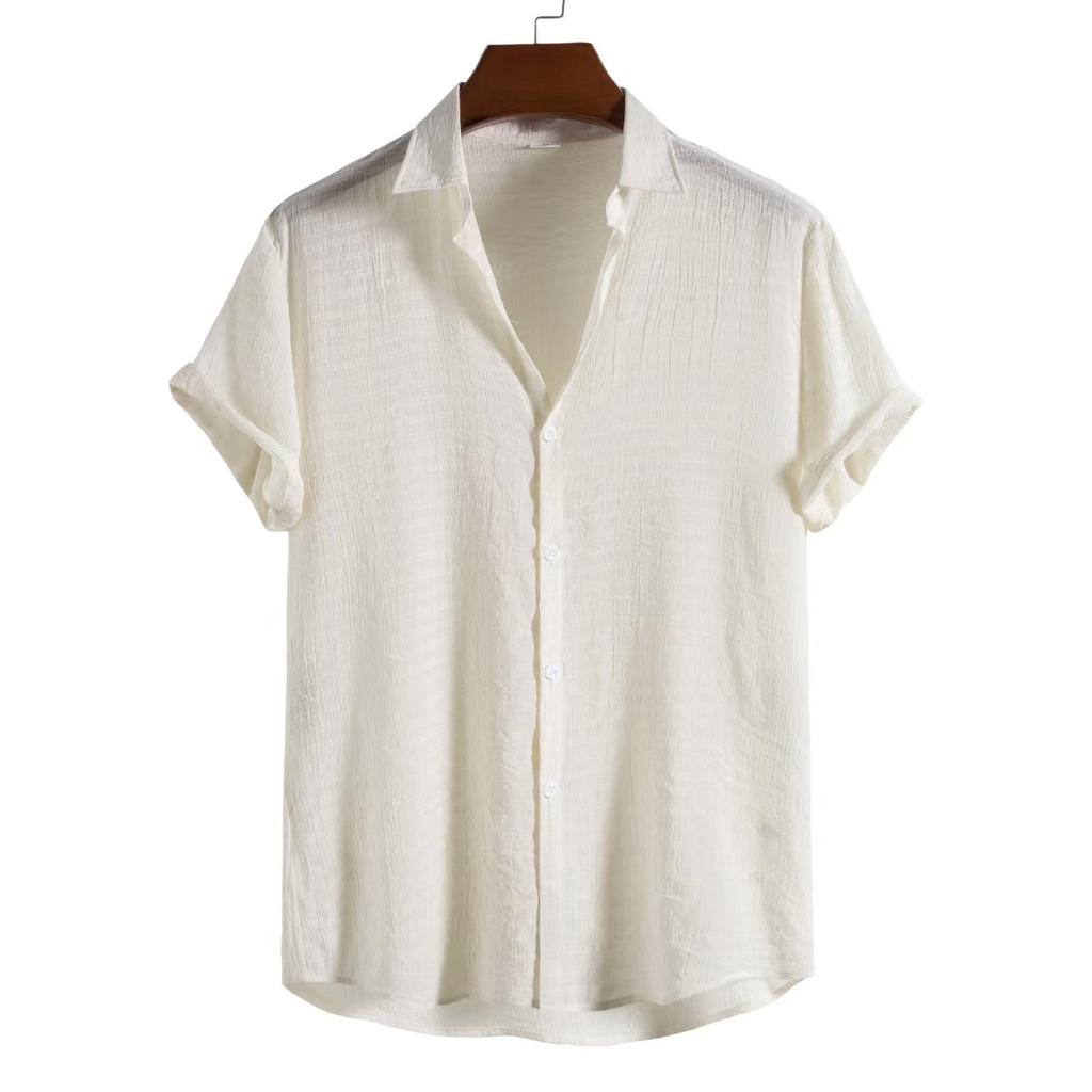 Man cotton shirt men's fashion trend solid color shirt dark compartment short sleeve men's shirt men's