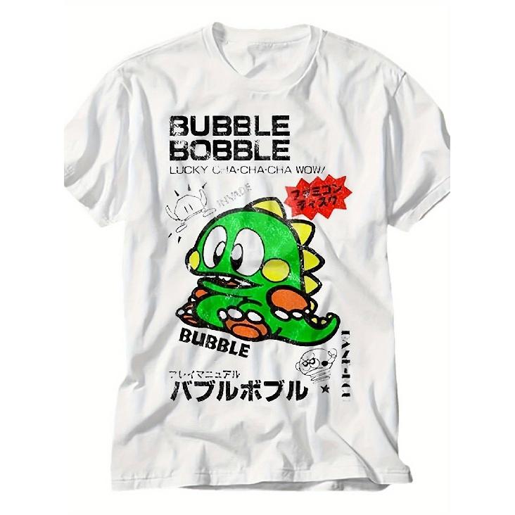 Men S Vintage Arcade Bubble Bobble Tee - Features a Classic Arcade Game Design with a Green Monster Motif - Short White Sleeves Perfect for Gamers, S белый