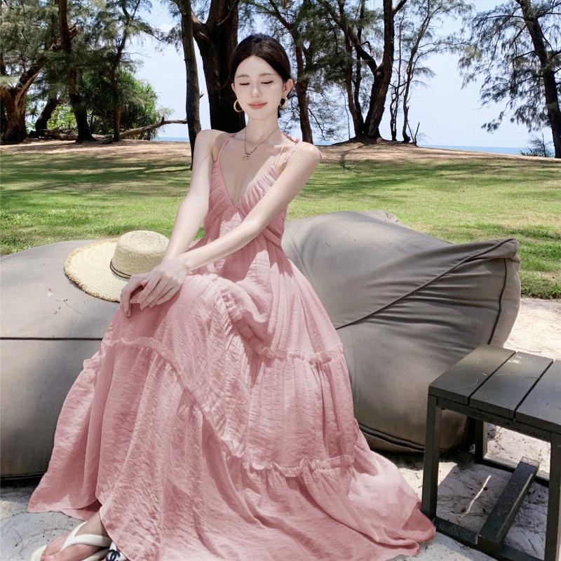 Pure desire wind sexy backless neck suspender skirt women's summer new French temperament super fairy seaside vacation dress