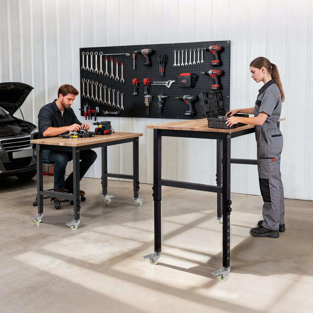 Adjustable Workbench on Wheels, 680 kg Capacity, 122 x 60 cm Oak Wood Top Workbench with 72.5-107.5 Height Adjustment, Heavy-Duty Hardwood Worktable