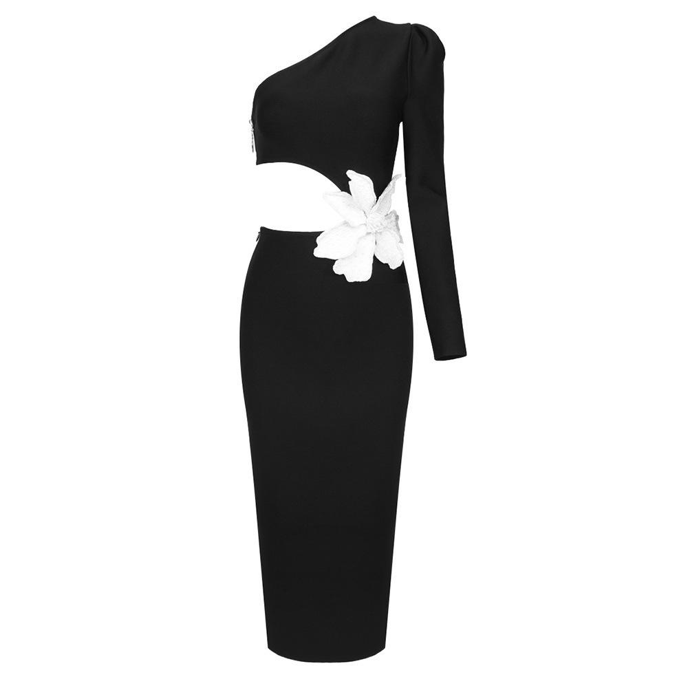 

European and American Floral Beaded One-Shoulder Long-Sleeve Evening Gown Large чёрный
