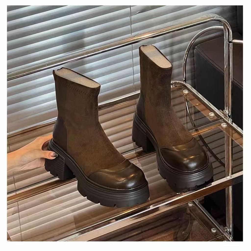 British Style Thick Heel Autumn and Winter Versatile Fashion Thin Boots 2025 Medium Elastic Heel New Boots Medium Boots Women's Boots Thick Sole