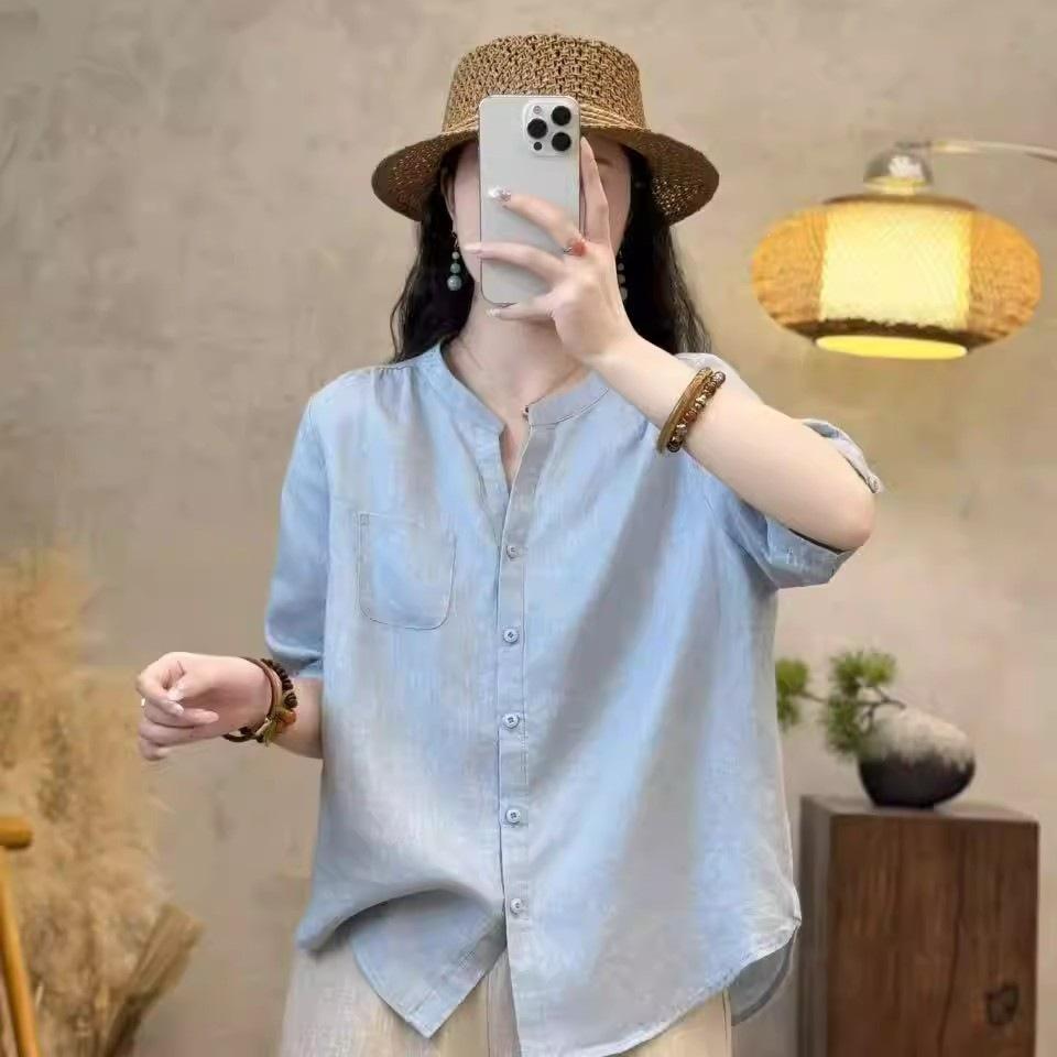 Women S Cotton Linen V Neck Mid Sleeve Loose Solid Shirt M
