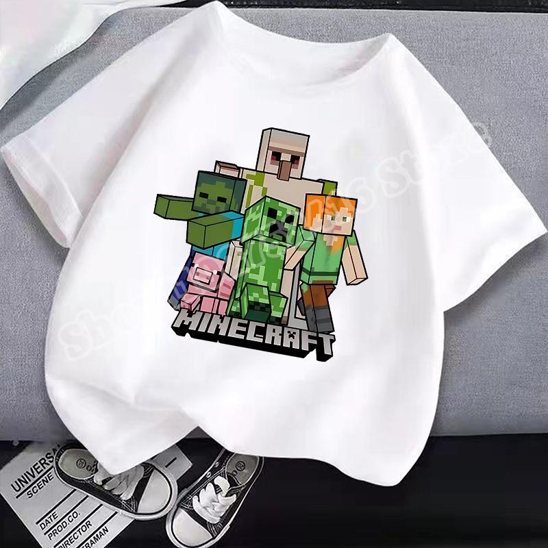 Miner Crafted Child Round Neck Cotton T-Shirt Game Themed Print Short Sleeve Top Casual Tees for Boys Summer Clothing Kids Gifts