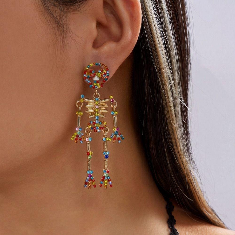 Crystal Halloween Skull Earrings Zircon Long Tassel Drop Earrings Skeleton Dangle Earrings  Unisex