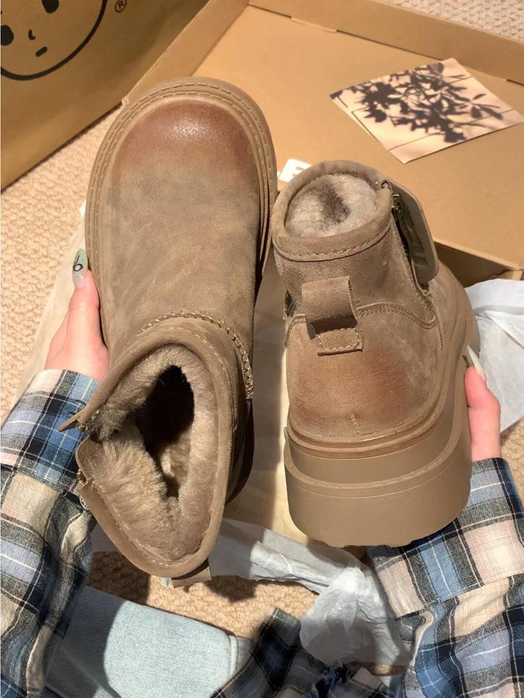 [Weird Aestheticism] Thick-soled inner height-increasing leather fur snow boots women's new velvet and thickened cotton shoes in autumn and winter